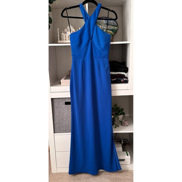 Laundry by Shelli Segal Blue Cross Back Halter Gown Size 4 Long Formal Dress - Picture 2 of 12